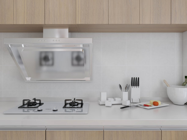 3D效果图，现代家庭厨房设计，新橱柜和带有冰箱的厨房用具，阳光透过窗户。图片下载