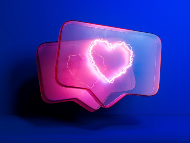 消息通知中的粉色心形符号或图标。蓝色背景上的语音气泡。3d渲染图片下载