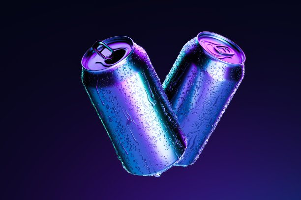 空白铝罐与冷水滴隔离在深蓝色背景，3d渲染。空的空间。本空间图片下载