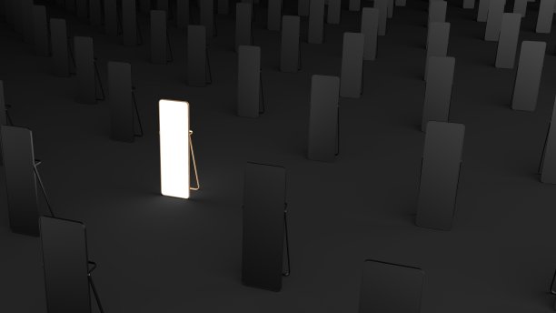 发光的白色镜子被许多黑色镜子包围着。地板上醒目的白色镜子。发光的白色镜子孤立在简单的黑色背景，插图，极简的黑色，3D渲染。图片下载