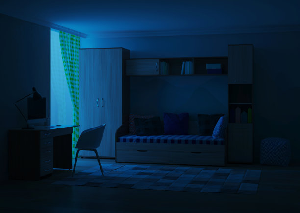 为青少年设计的舒适时尚的房间。的夜晚。晚上照明。3 d渲染。图片下载