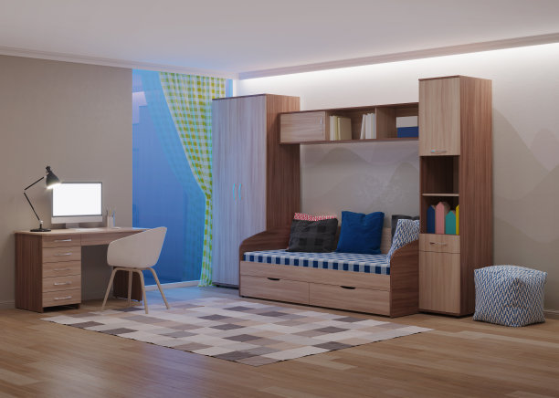 为青少年设计的舒适时尚的房间。的夜晚。晚上照明。3 d渲染。图片下载