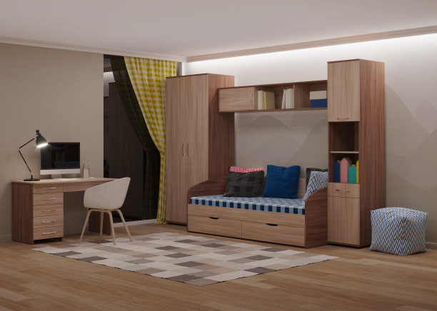 为青少年设计的舒适时尚的房间。的夜晚。晚上照明。3 d渲染。图片下载