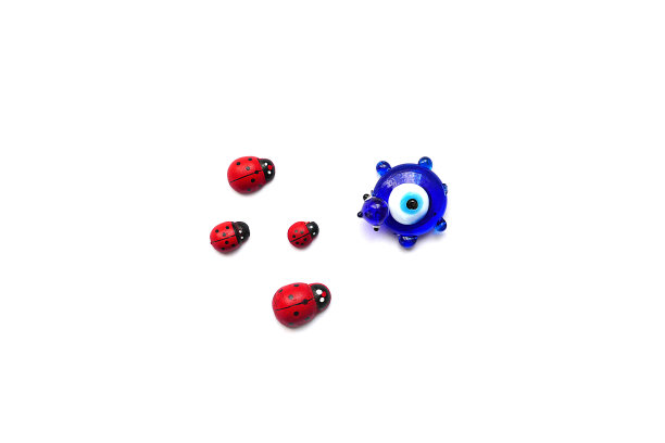 瓢虫和邪恶的眼睛珠在一个白色的背景，近距离瓢虫，邪恶的眼睛珠和运气图片下载