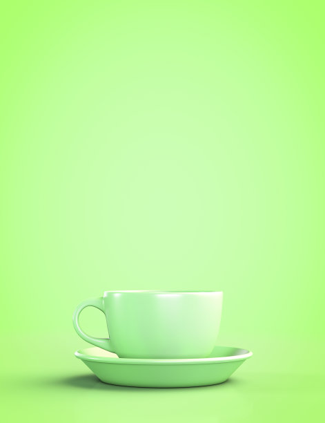 绿色背景上的绿色杯子和茶碟。与复制空间。图片下载