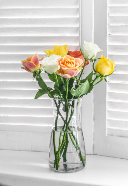 以木质百叶窗为背景的浅色窗户上的玫瑰花束图片下载