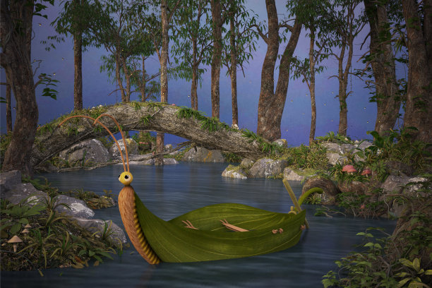 森林湖与一个树叶船浮下小溪，3d渲染。图片下载