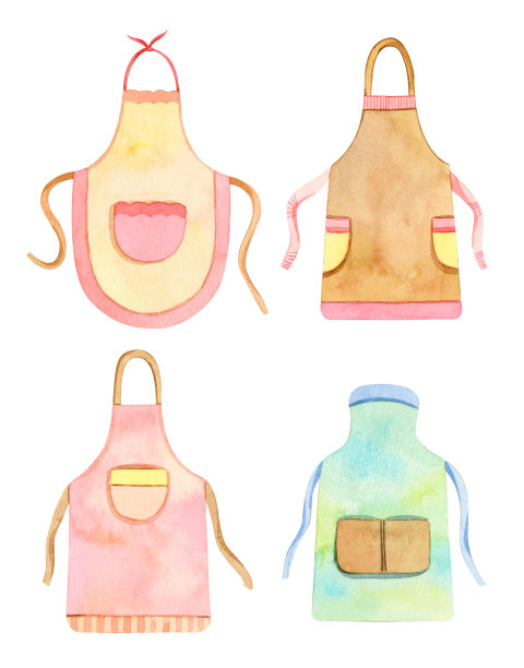水彩厨房用具，配件-围裙，洗碗布，切菜板，勺子图片下载