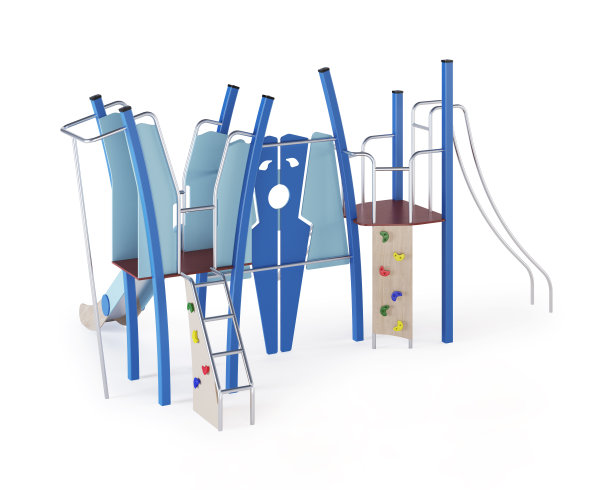 现代儿童游戏复杂的白色背景。游戏设备与滑梯，楼梯和塔放置在庭院。特写镜头。包括剪切路径。3 d渲染。图片下载