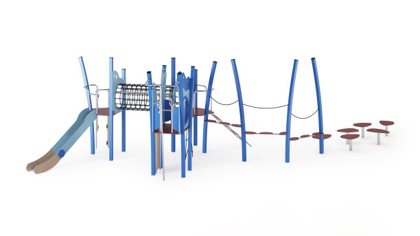 现代儿童游戏复杂的白色背景。游戏设备与滑梯，楼梯和塔放置在庭院。特写镜头。包括剪切路径。3 d渲染。图片下载