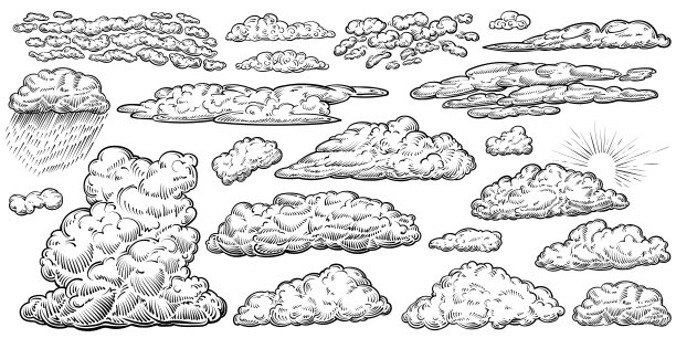 一套手绘云彩，矢量草图。天气复古黑白插图。图片下载