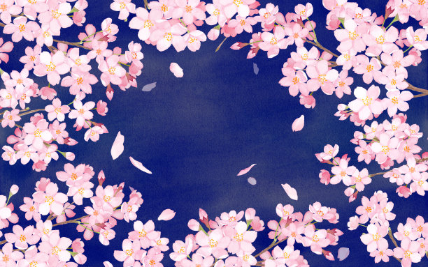 夜晚樱花和飘落的花瓣框架水彩插图图片下载