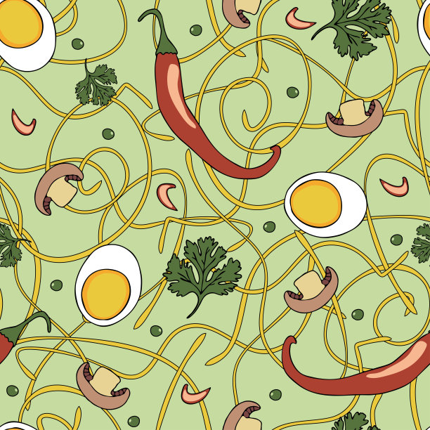 无缝矢量模式与面条汤配料在绿色的背景。美味的食物墙纸设计与热纸，蘑菇和鸡蛋。图片下载