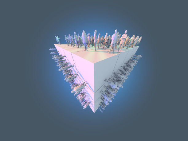 虚拟几何形式的3D插图与人群站在两边的商业技术和颠覆的想法概念蓝色背景图片下载