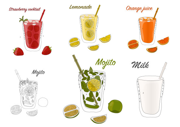 一套不同的饮料。矢量插图。图片下载