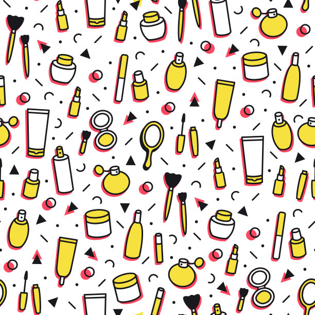 化妆品无缝图案。卡通化妆背景。口红、睫毛膏、香水、眼影。化妆品和美容护理模板商店在线风格。美矢量插图。时尚。图片下载