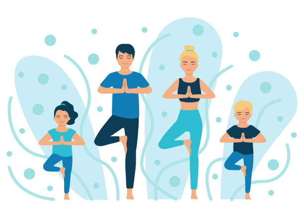 家庭瑜伽。人们做瑜伽锻炼。父亲和母亲与孩子做瑜伽姿势。矢量平面插图图片下载