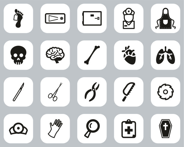 停尸房或验尸官设备图标黑色和白色平面设计设置大图片下载