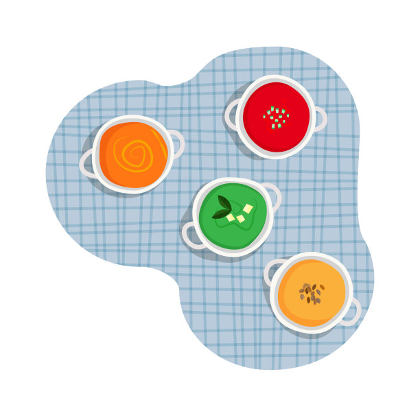 健康菜肴套装白色陶瓷菜肴各种奶油汤-西红柿，胡萝卜，西兰花，南瓜奶油汤在蓝色格子桌布的背景。图片下载