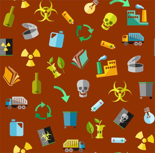 废物收集处置，无缝图案、棕色、彩色、矢量。图片下载