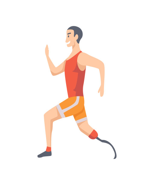 年轻人戴着假肢跑步。男子假肢脚，截肢运动员，残疾人假肢。矢量图图片下载