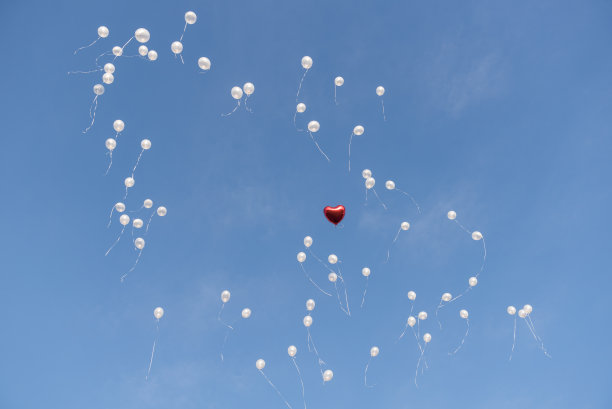一个心形的气球和其他几个白色的气球在清澈的蓝天上飞行图片下载