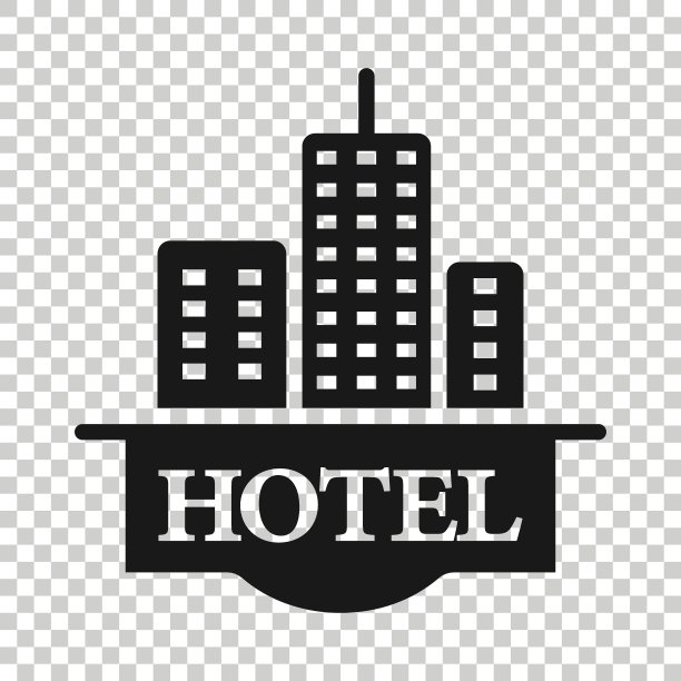 扁平风格酒店标志图标：旅馆建筑矢量图在白色孤立背景上，招待所房间商业概念图片下载