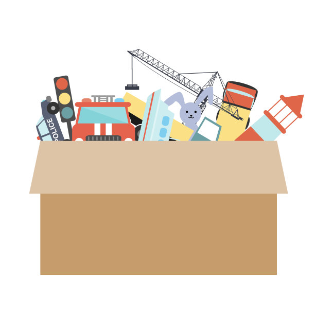 白色背景上有孩子玩具的纸板箱。矢量插图。房间组织或慈善理念图片下载