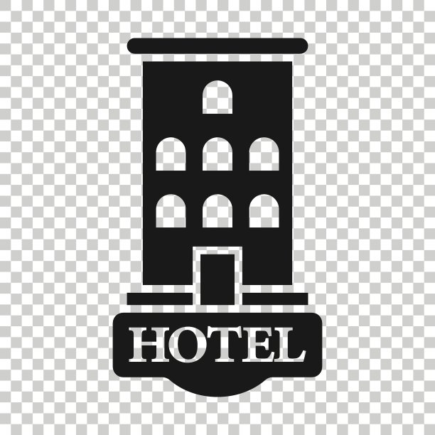 扁平风格酒店标志图标：旅馆建筑矢量图在白色孤立背景上，招待所房间商业概念图片下载