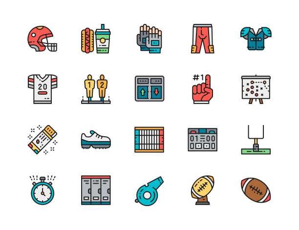 一套美式足球平颜色线图标。采购产品游戏记分牌，快餐，运动制服，头盔和更多。图片下载
