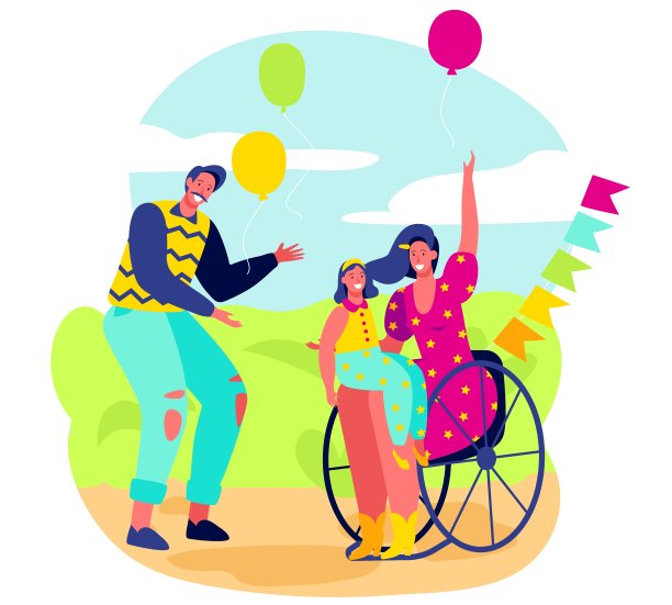 幸福的一家人：坐在轮椅上的女人、父母和女儿矢量插画图片下载