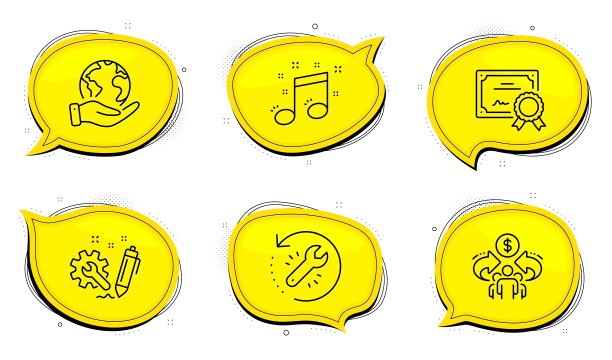 分享经济，音乐音符和工程图标集。经济复苏迹象的工具。分享、音乐、建设。向量图片下载