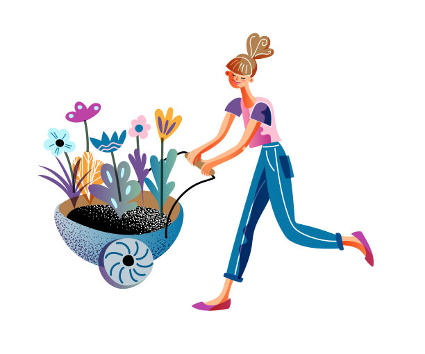 年轻女子推着手推车和花芽图片下载