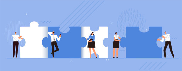 业务团队将大的拼图拼在一起。32、成功的理念是团队合作，合作共赢。人们一起工作图片下载