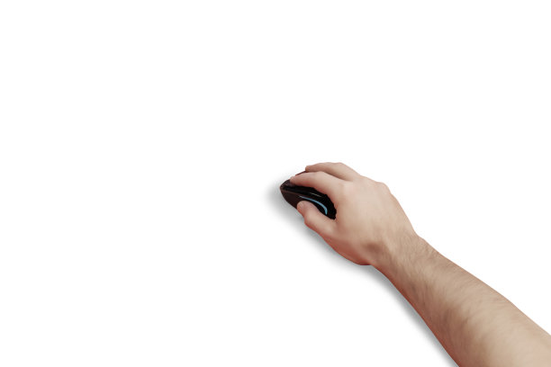 白色背景上一只男性手握鼠标图片下载