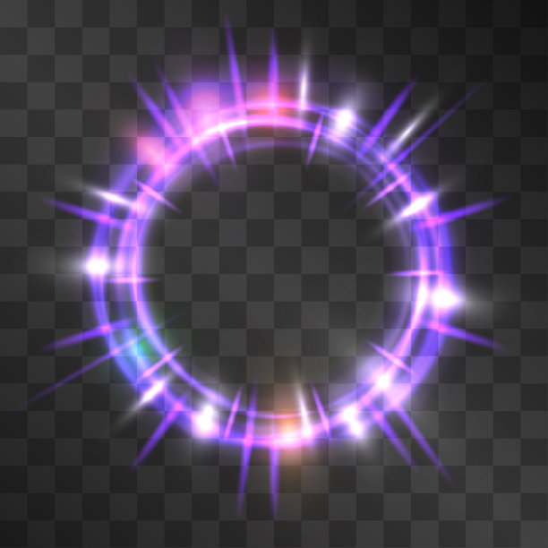 矢量霓虹紫色光效果圆形框架与朦胧的齿轮耀斑。神奇的发光云团。闪耀的能量环在运动。豪华奇迹般的入口，童话，科幻主题。图片下载