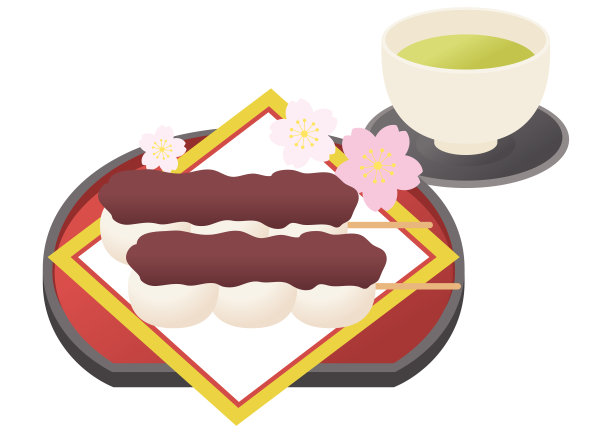 日本传统甜品香咸团子、香咸饺子、红豆沙、日式餐具盘、盂兰盆、樱花和绿茶图片下载