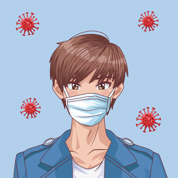 年轻人戴口罩和新冠病毒颗粒动漫风格图片下载