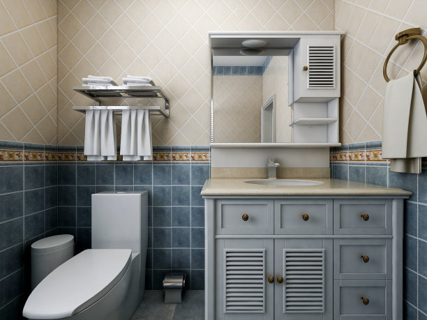 3D渲染，蓝色地中海风格的浴室设计，有水槽，马桶和淋浴图片下载