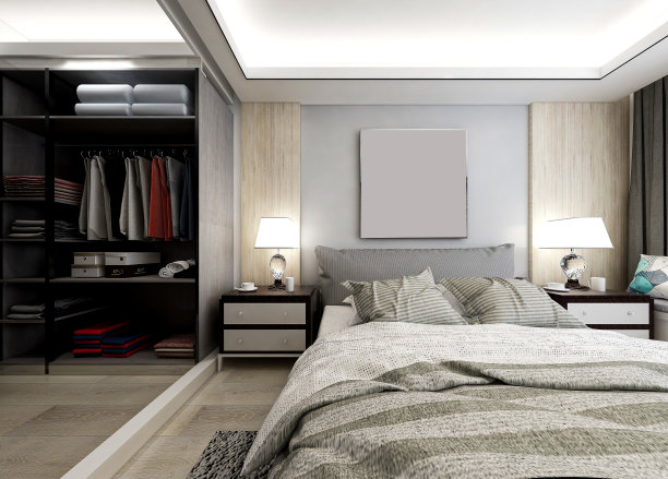 3D效果图，优雅宽敞的现代公寓卧室设计，大床旁边的大衣柜，配有梳妆台和绿色植物图片下载