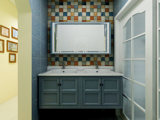 3D渲染，蓝色地中海风格的浴室设计，有水槽，马桶和淋浴图片下载