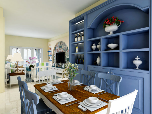 3D效果图，中式餐厅设计，配有餐桌和蓝色酒柜图片下载