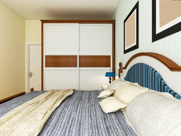 3D渲染，地中海风格的卧室设计，大床配大衣柜，茶几，电视，地毯等，非常舒适休闲。图片下载