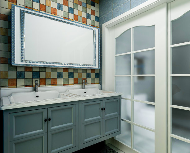 3D渲染，蓝色地中海风格的浴室设计，有水槽，马桶和淋浴图片下载