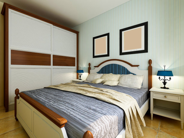 3D渲染，地中海风格的卧室设计，大床配大衣柜，茶几，电视，地毯等，非常舒适休闲。图片下载