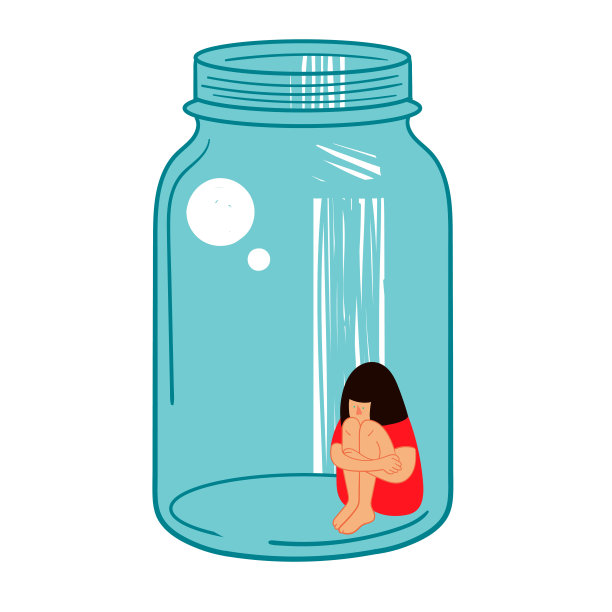 隔离。女孩被隔离在一个玻璃容器里。关于冠状病毒主题的插图。图片下载