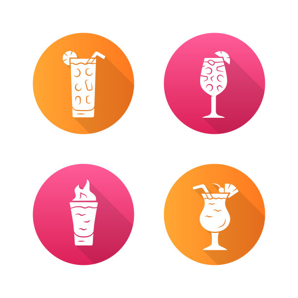 饮料平面设计长阴影字形图标集。高球杯鸡尾酒，热棕榈酒，椰汁朗姆酒，烈性酒。混合酒精和软饮料。向量轮廓图图片下载