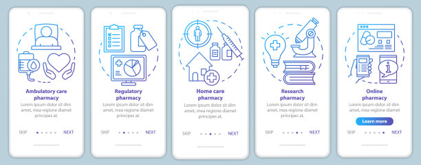 移动和家庭护理药房车载手机app页面屏幕矢量模板。药物研究。用线性插图演练网站步骤。UX, UI, GUI智能手机界面概念图片下载