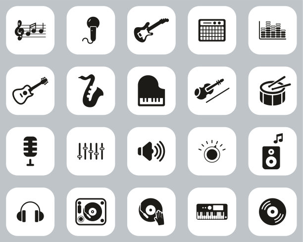 音乐或音乐工作室设备图标黑白平面设计大图片下载