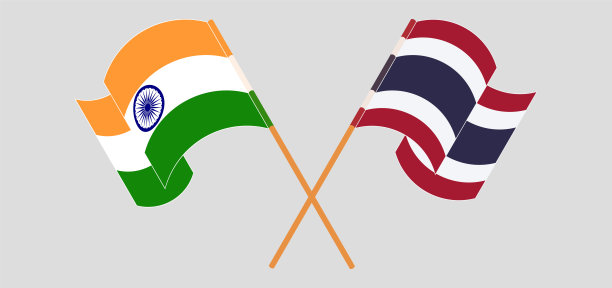 交叉飘扬的印度和泰国国旗图片下载